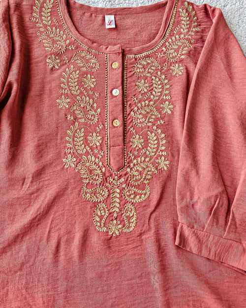 Coral Pink Georgette Round Neck Embroidered Top (Large/XL)