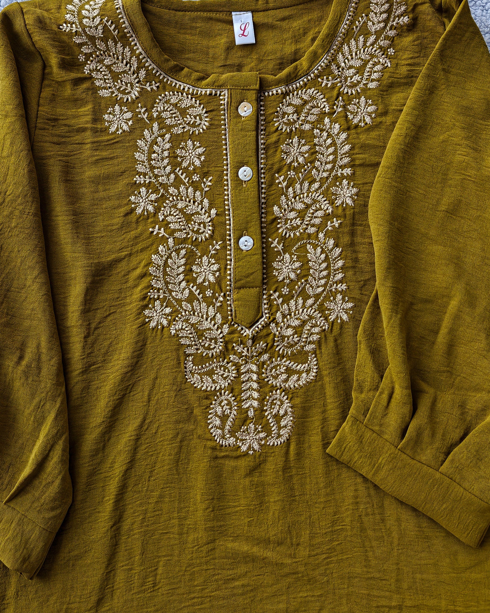 Olive Green Georgette Round Neck Embroidered Top (Large/XL)