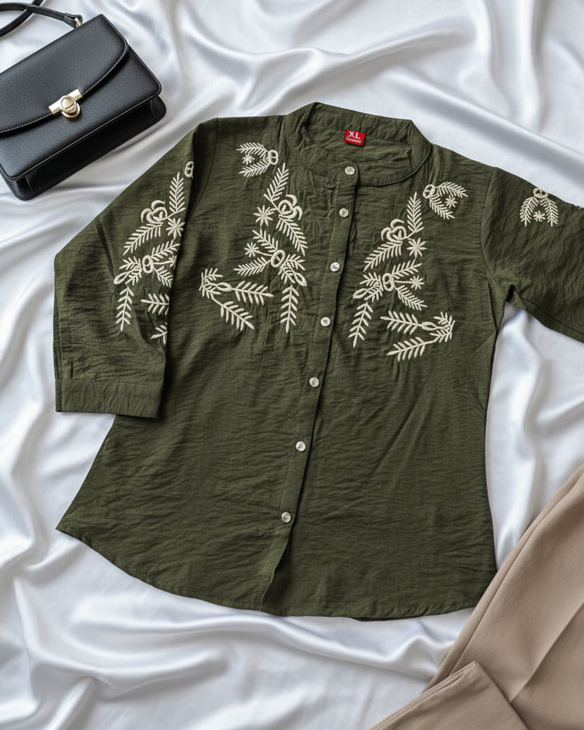 Olive Green Embroidered Mandarin Collar Women's Crushed Shirt (Large/XL)