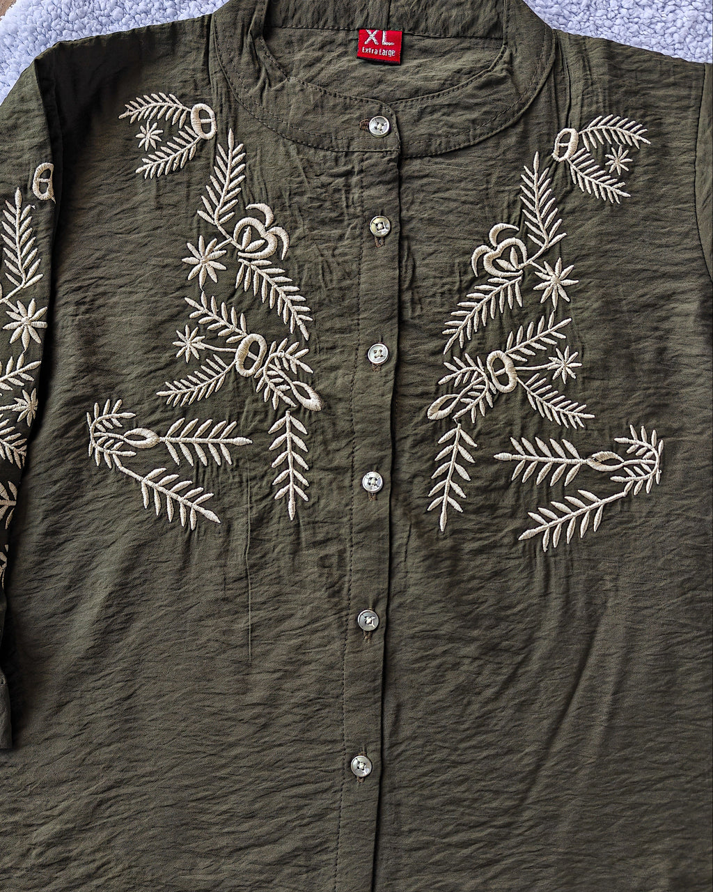 Olive Green Embroidered Mandarin Collar Women's Crushed Shirt (Large/XL)