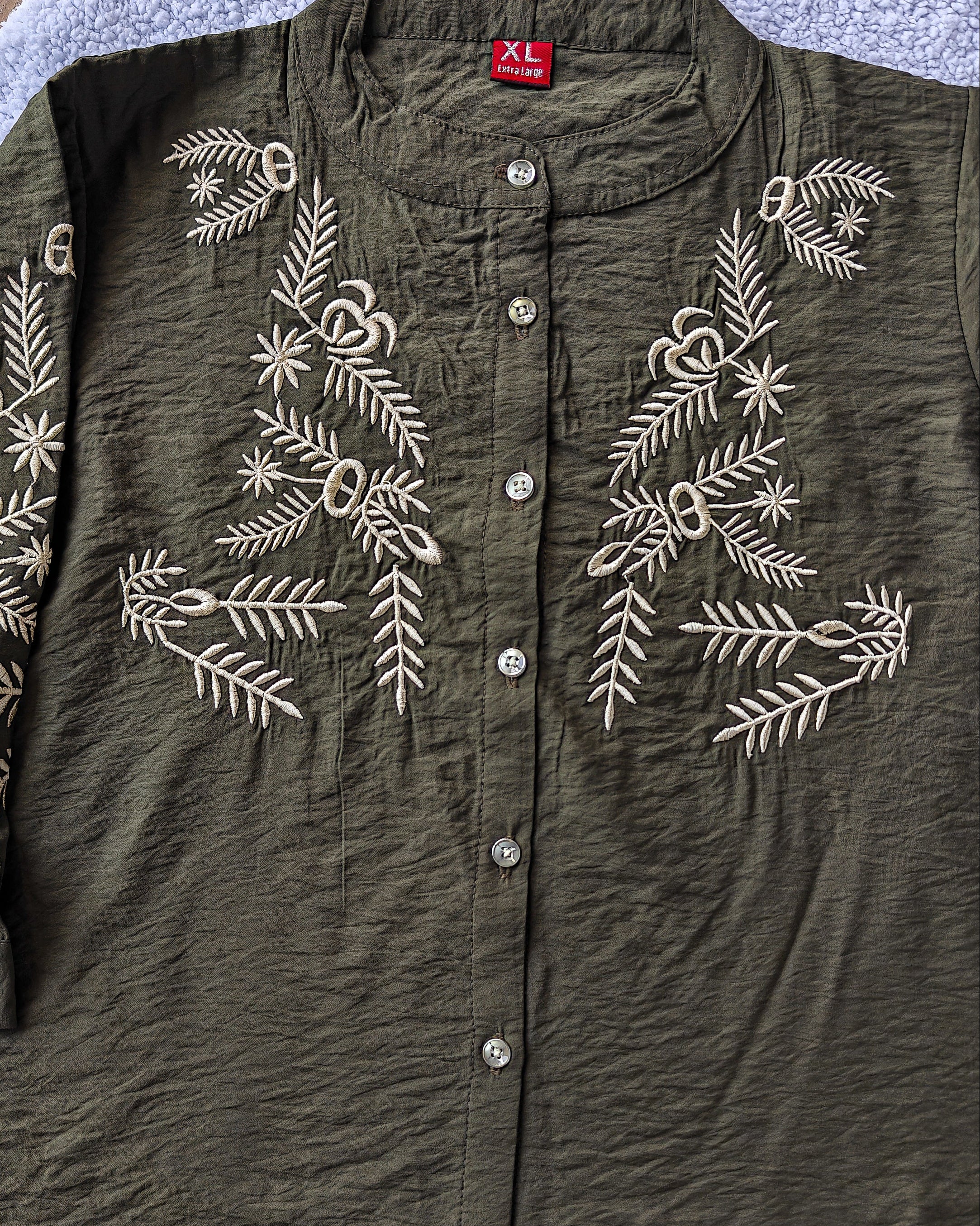 Olive Green Embroidered Mandarin Collar Women's Crushed Shirt (Large/XL)