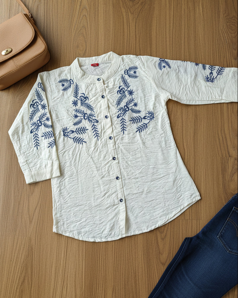 White Embroidered Mandarin Collar Women's Crushed Shirt (Large/XL)