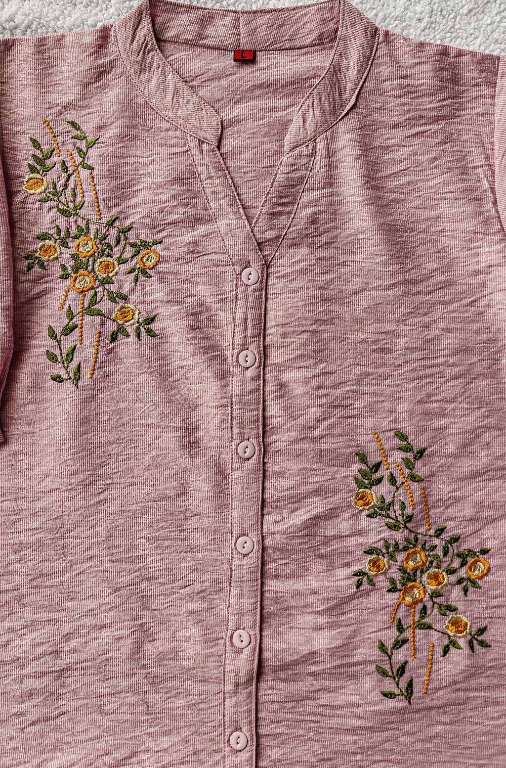 Salmon Pink Floral Embroidered Shirt (Large/XL)