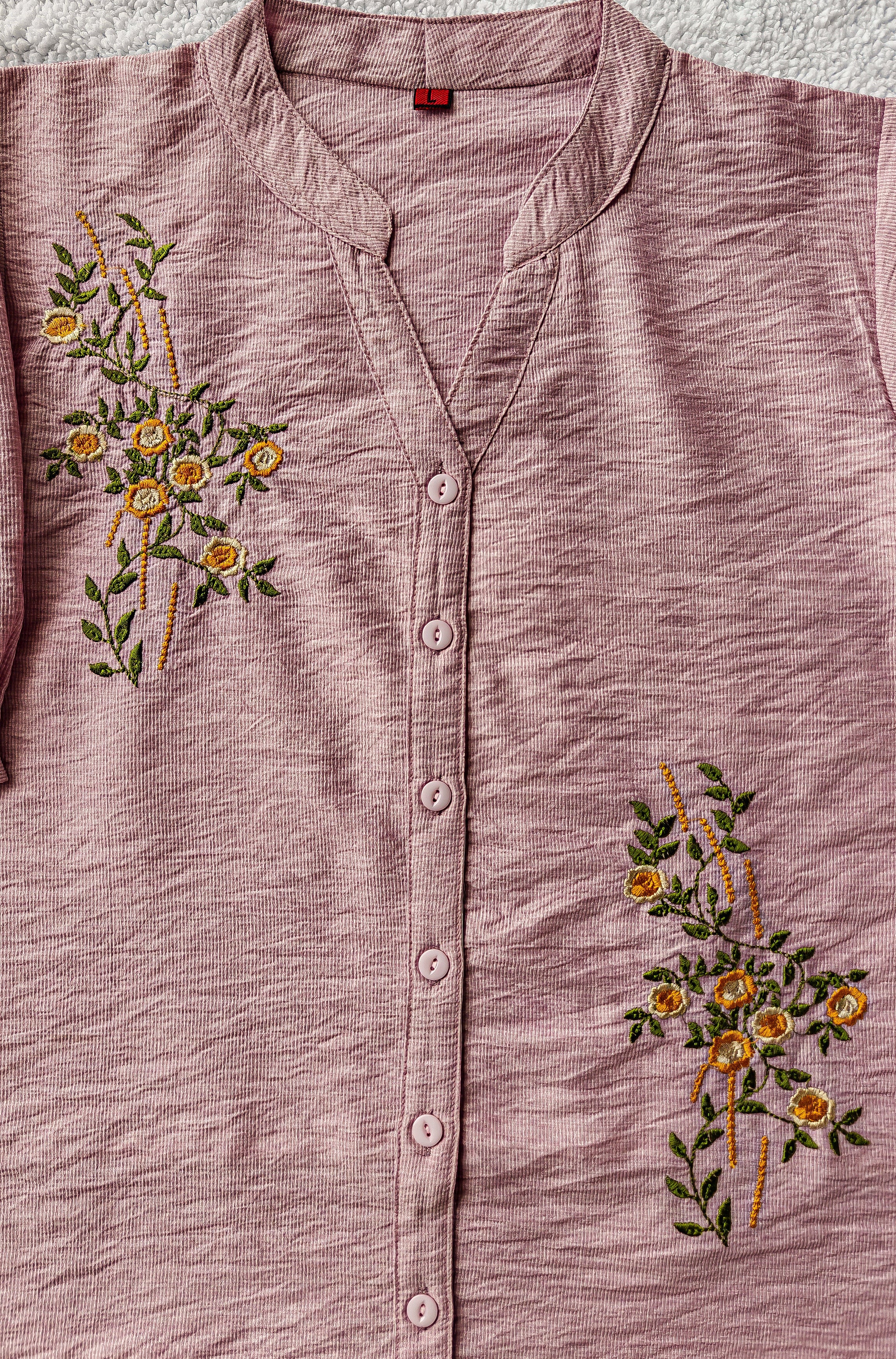 Salmon Pink Floral Embroidered Shirt (Large/XL)