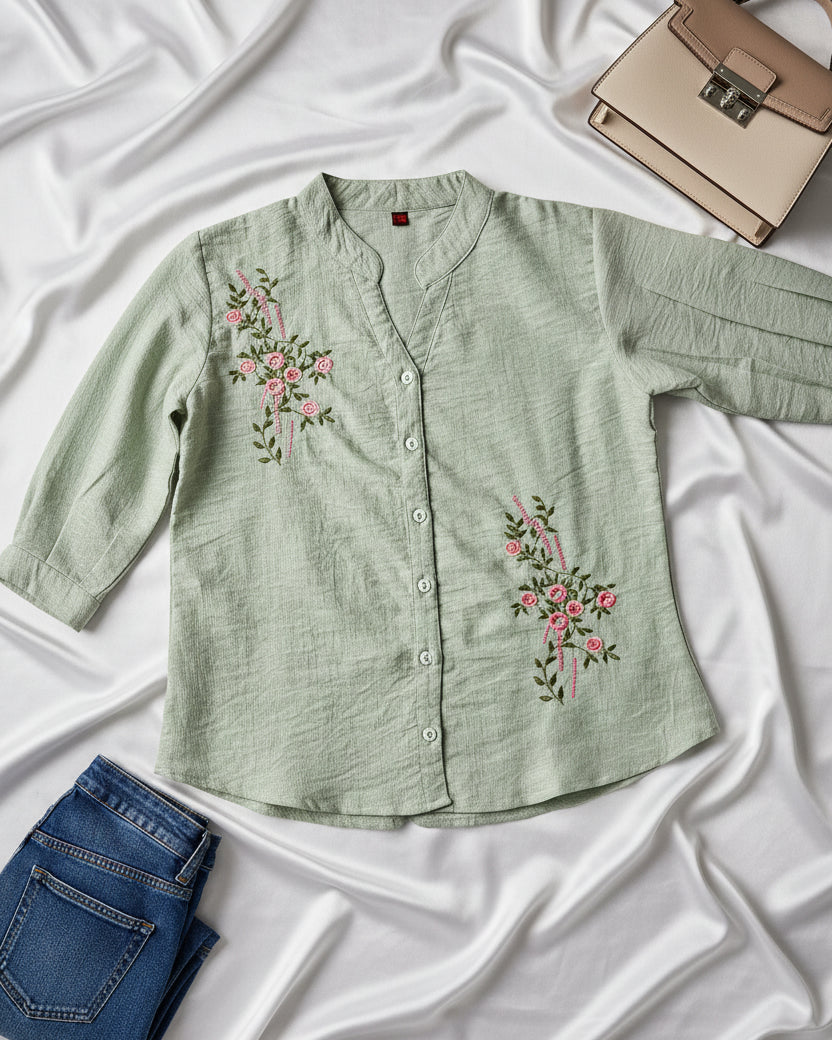 Mint Green Floral Embroidered Shirt (Large/XL)