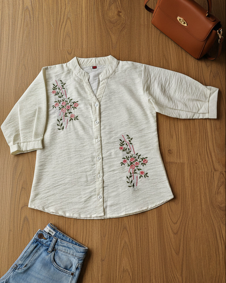White Floral Embroidered Shirt (Large/XL)