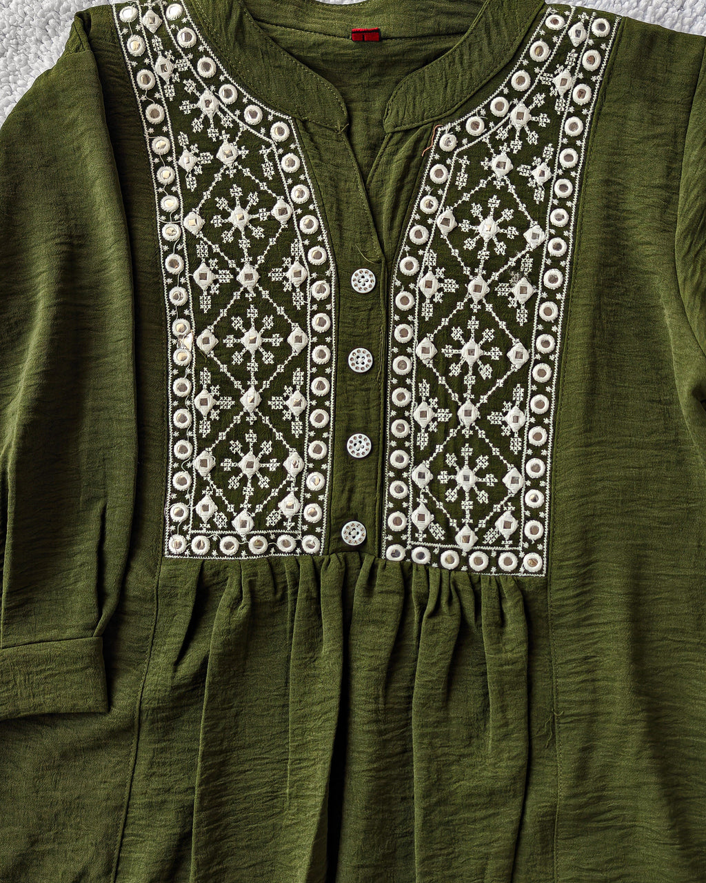 Dark Green Front Pleated Embroidered Top (Large/XL)