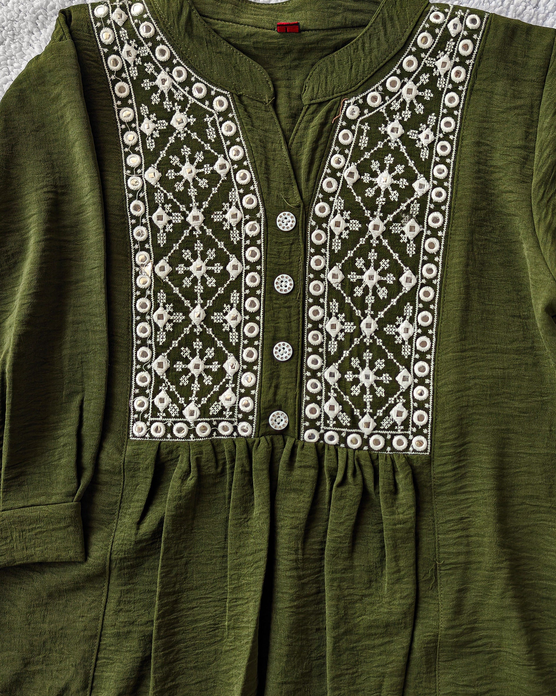 Dark Green Front Pleated Embroidered Top (Large/XL)