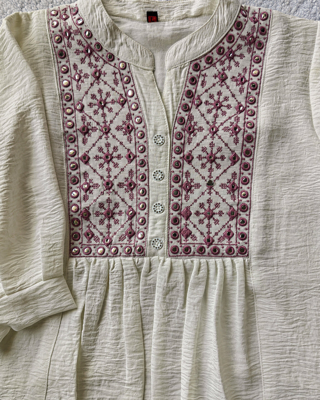 White Front Pleated Embroidered Top (Large/XL)