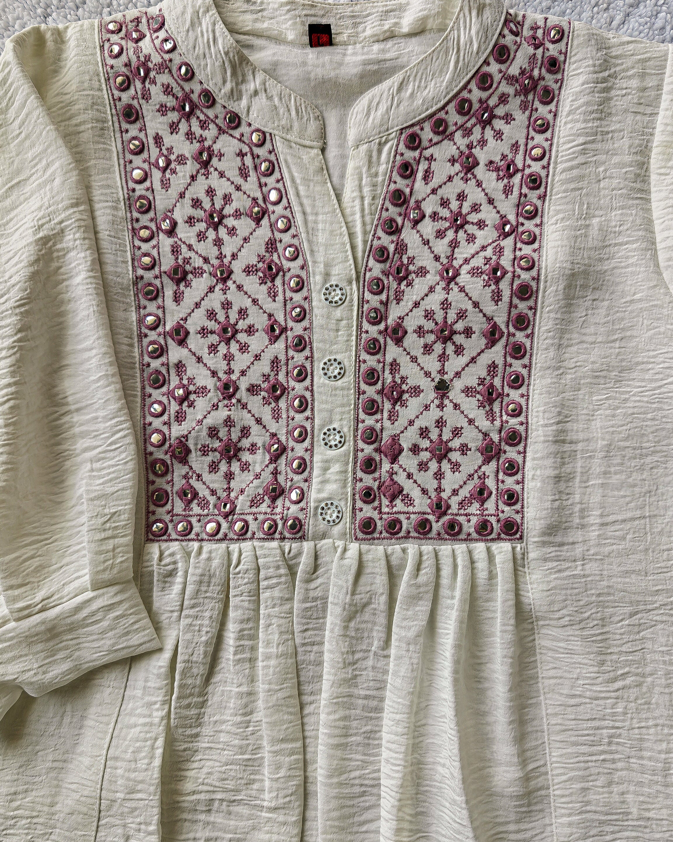 White Front Pleated Embroidered Top (Large/XL)
