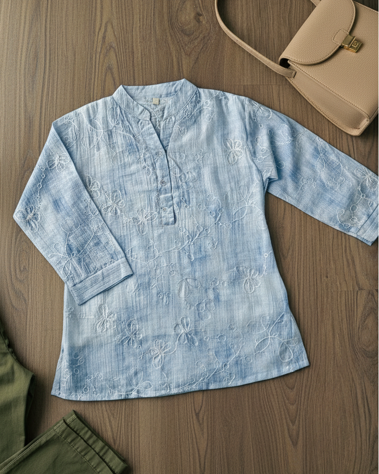 Light Blue Mandarin Collar White Embroidery Women's Top (Large/XL)