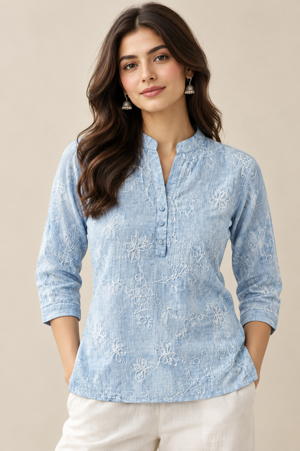Light Blue Mandarin Collar White Embroidery Women's Top (Large/XL)