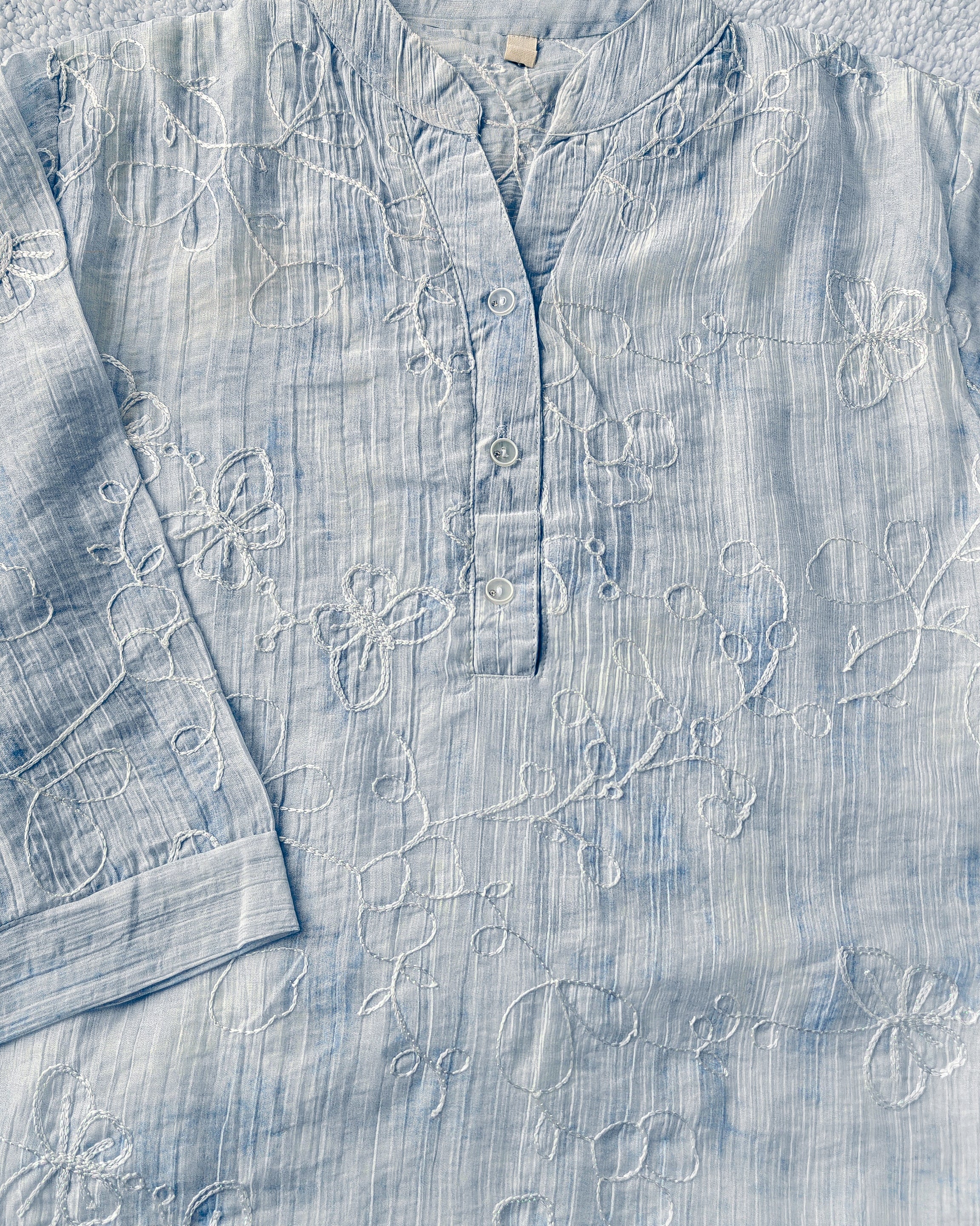 Light Blue Mandarin Collar White Embroidery Women's Top (Large/XL)