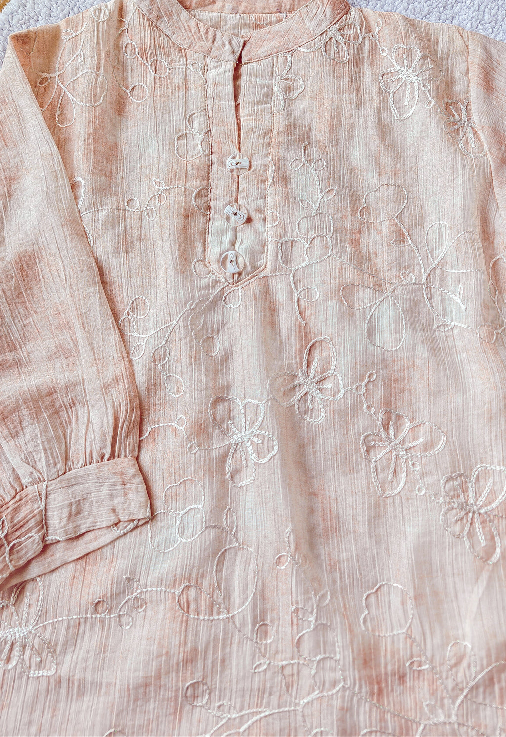 Baby Pink Mandarin Collar White Embroidery Women's Top (Large/XL)