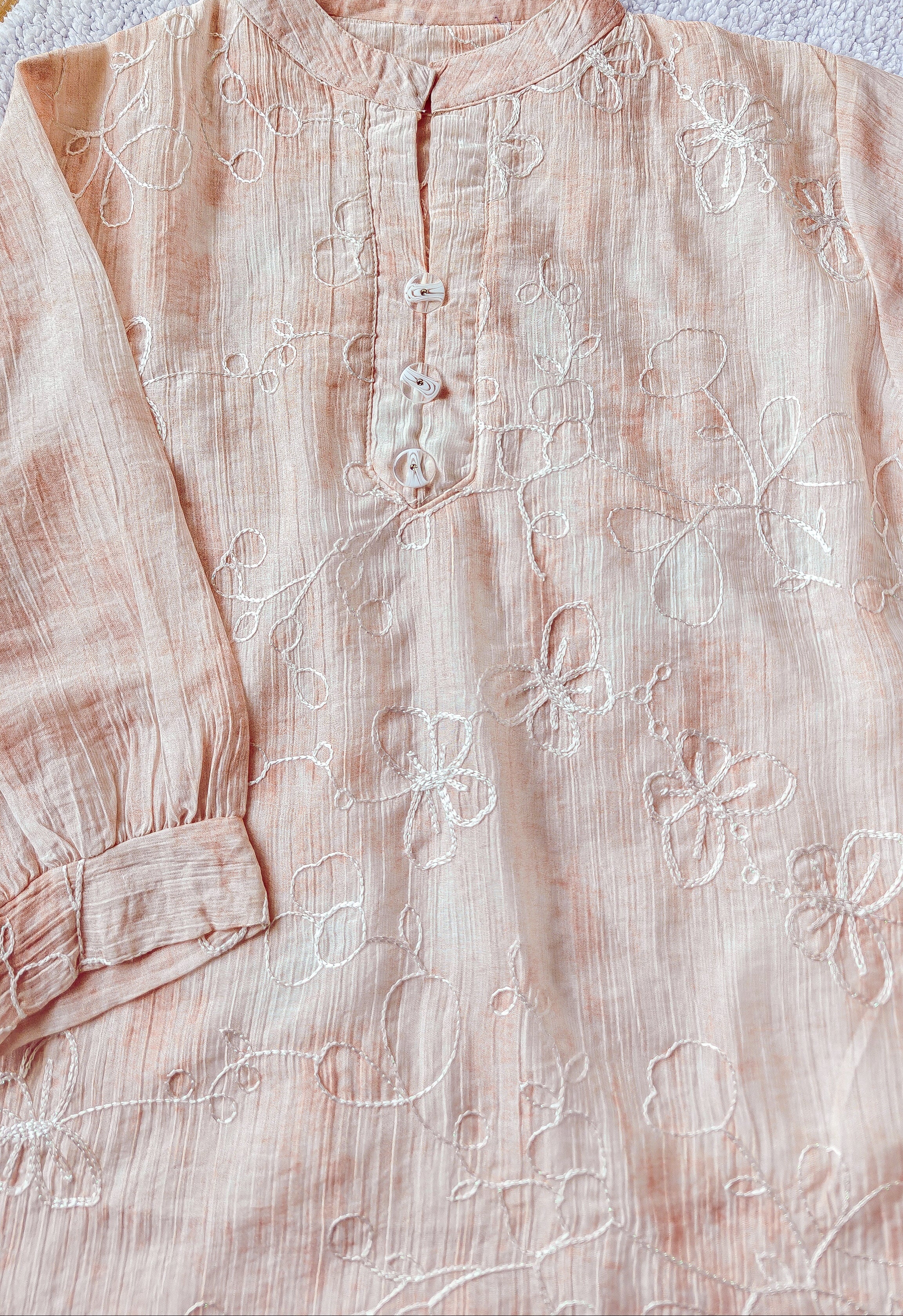 Baby Pink Mandarin Collar White Embroidery Women's Top (Large/XL)