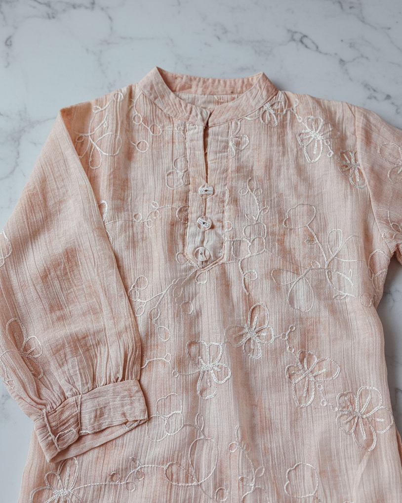 Baby Pink Mandarin Collar White Embroidery Women's Top (Large/XL)