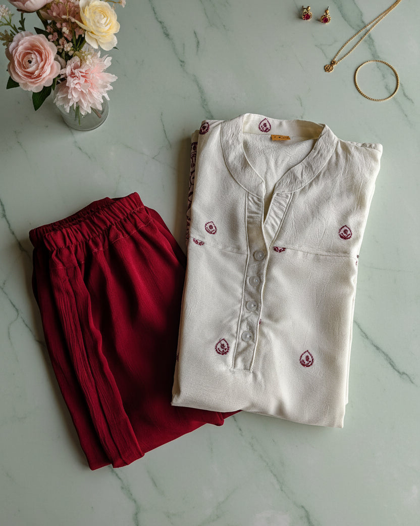 Red & White Embroidered Co Ord Set (Free Size)