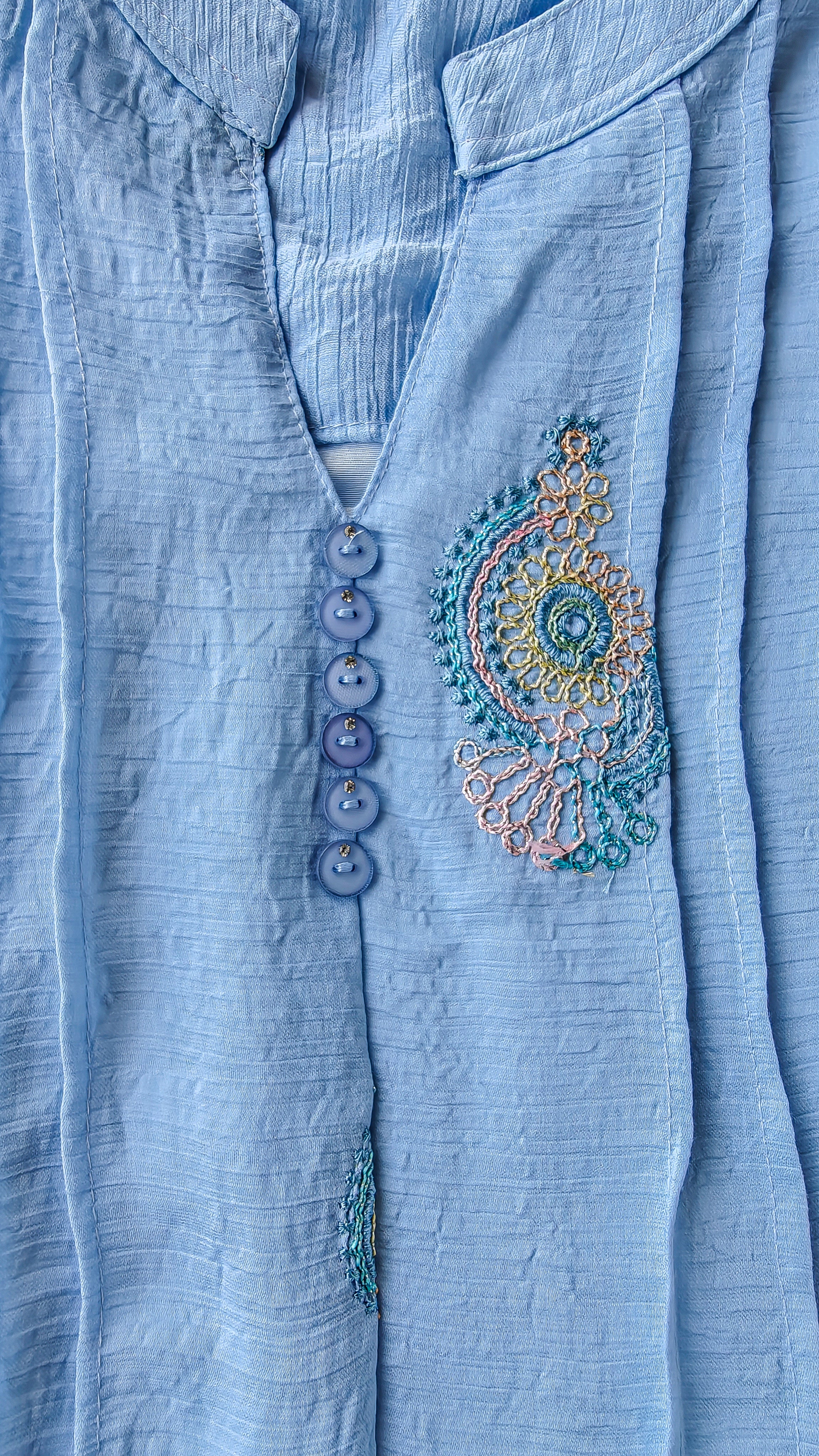 Sky Blue Mandarin collar Top with Front Pleats (XXL)