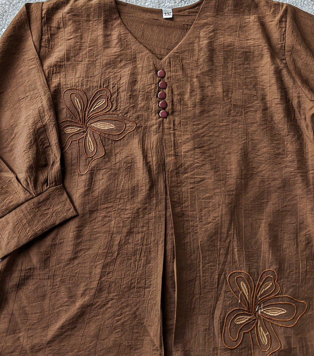 Mocha Brown Floral Embroidery V-neck Top (XXL)