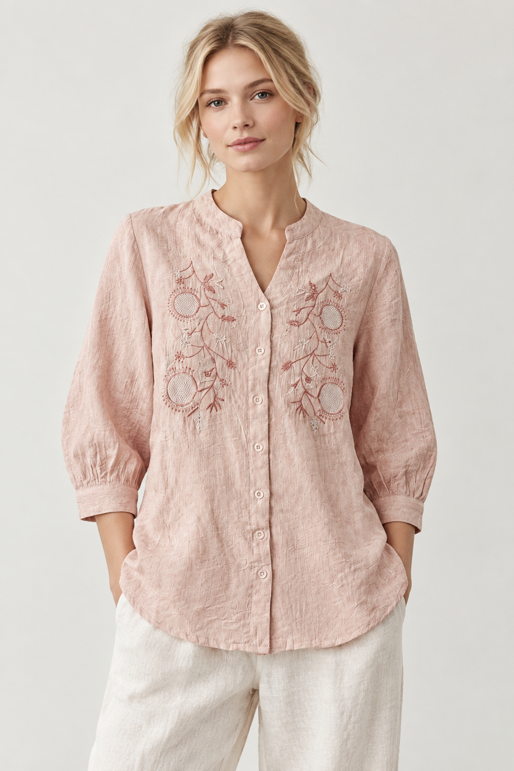 Light Pink Mandarin collar Women's Shirt (XXL)