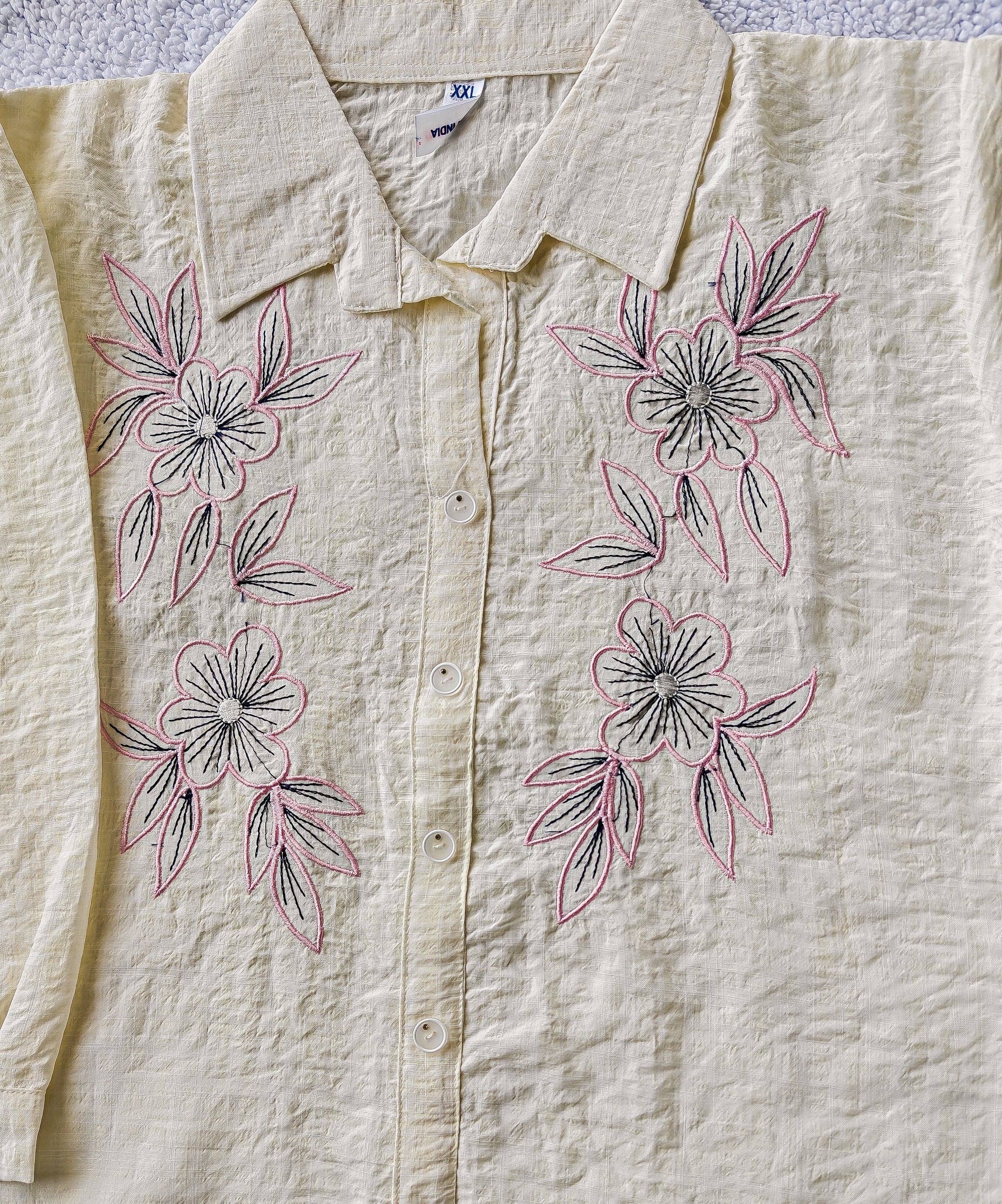 Women's White Shirt with Pink Floral Embroidery (XXL)