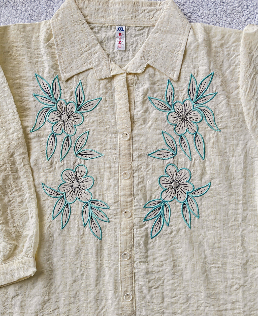 White Women's Shirt with Blue Floral Embroidery (XXL)