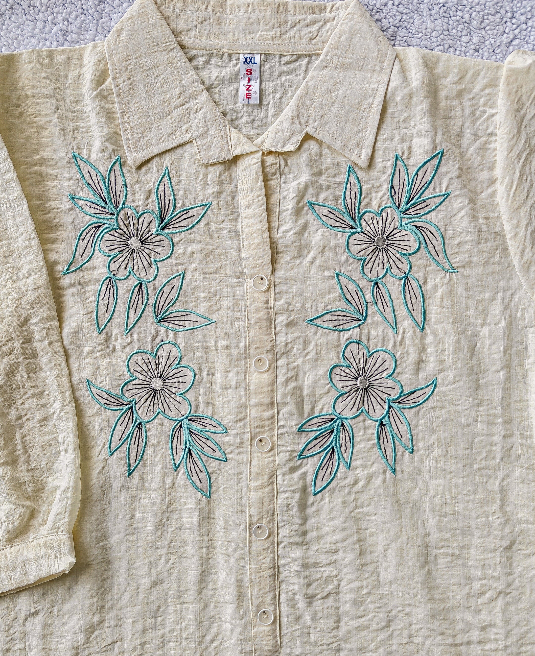 White Women's Shirt with Blue Floral Embroidery (XXL)