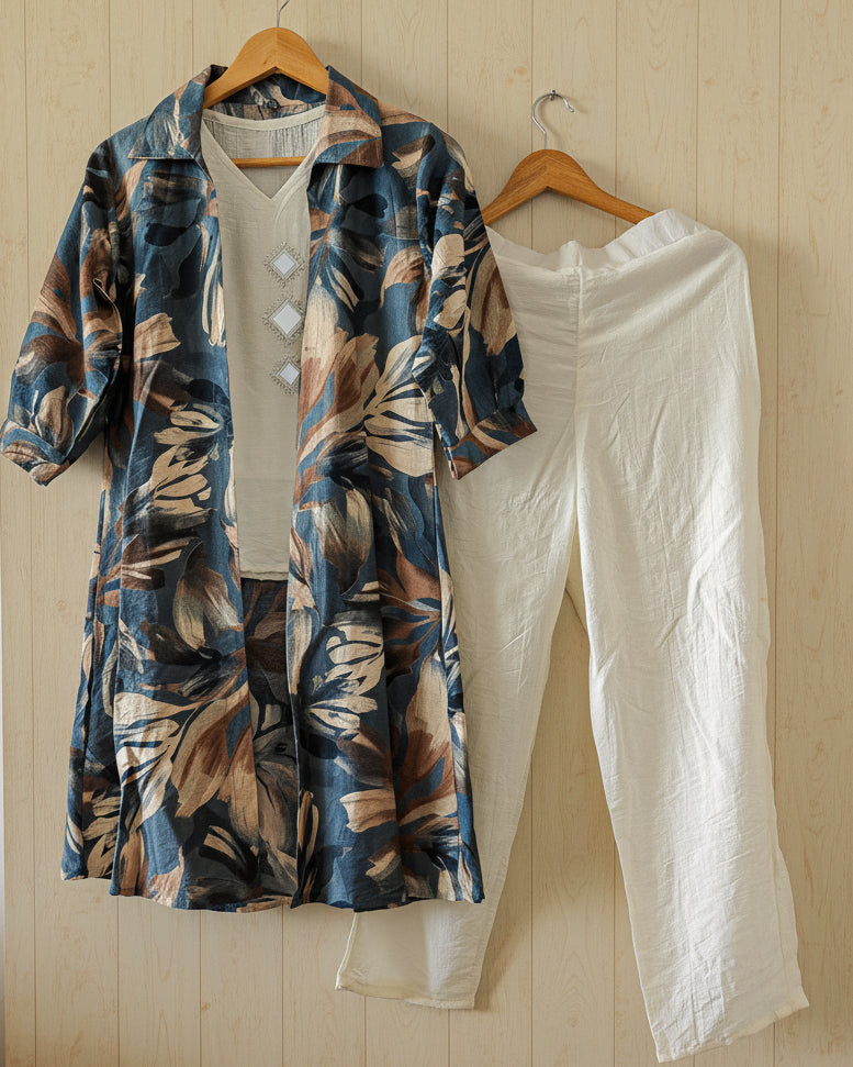 Blue & White Three Piece Set Vacation Wear (L/XL)