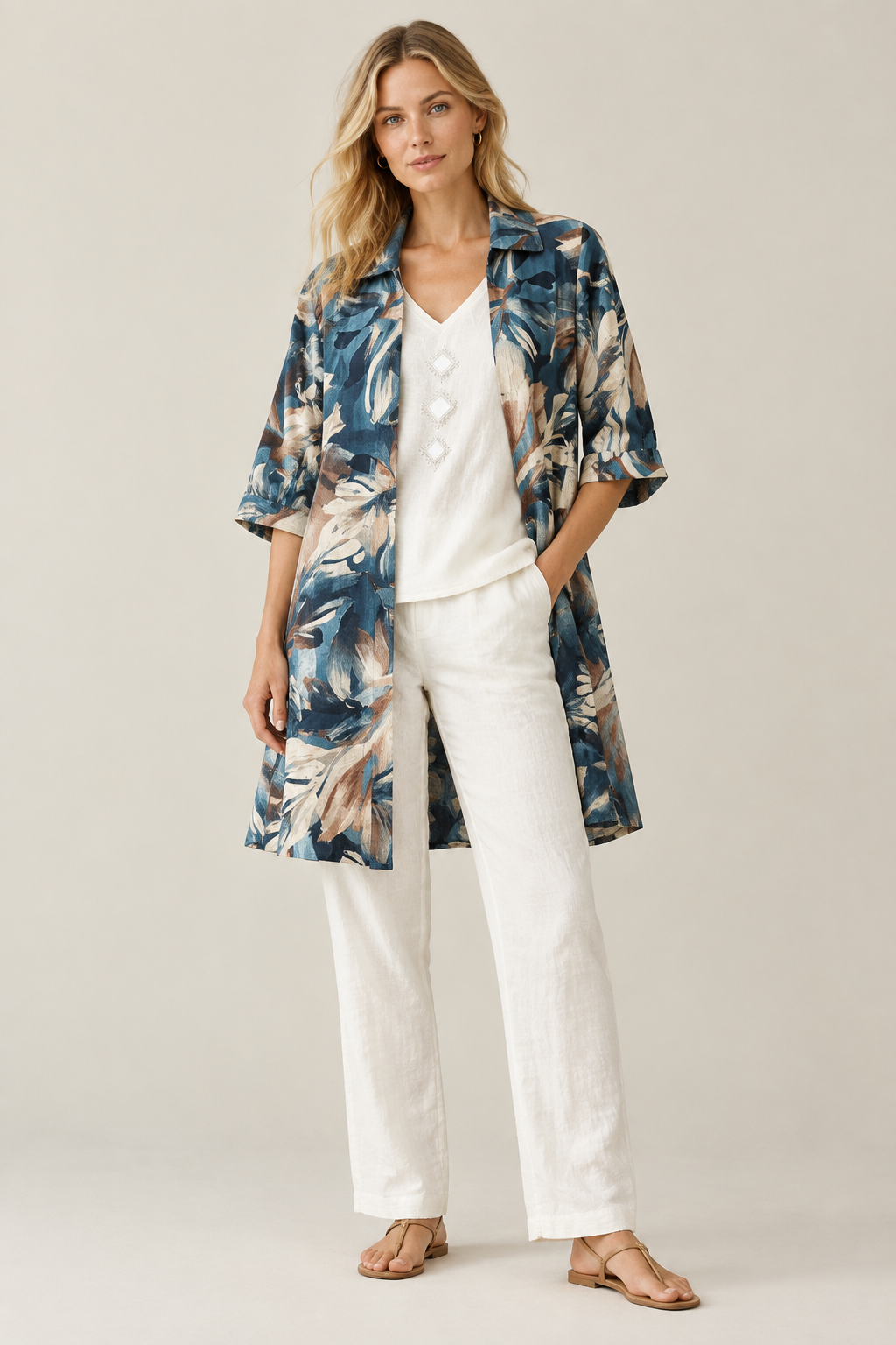 Blue & White Three Piece Set Vacation Wear (L/XL)