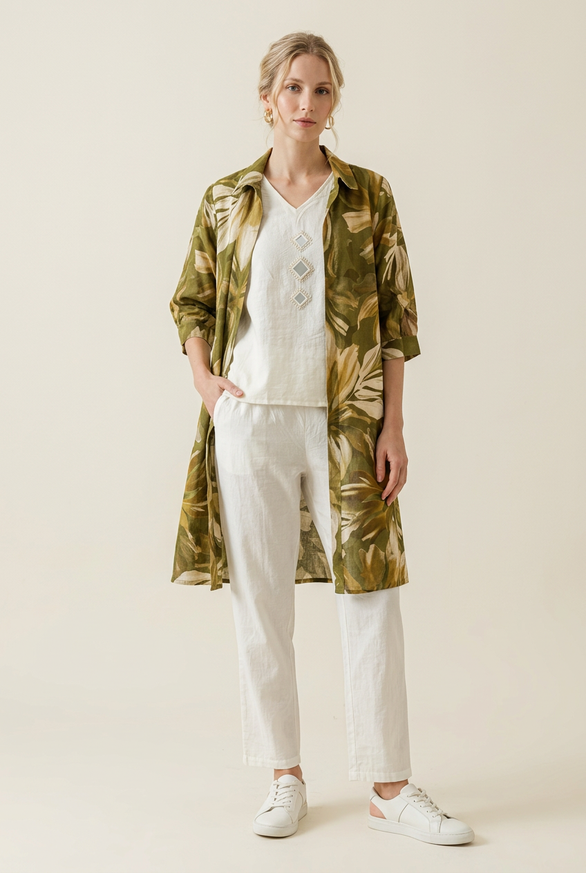 Green & White Three Piece Set Vacation Wear (L/XL)