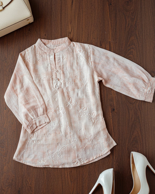 Baby pink mandarin collar white embroidery three fourth sleeve women's top