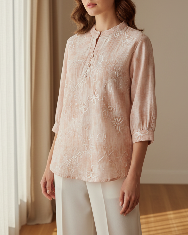Baby Pink Mandarin Collar White Embroidery Women's Top (Large/XL)