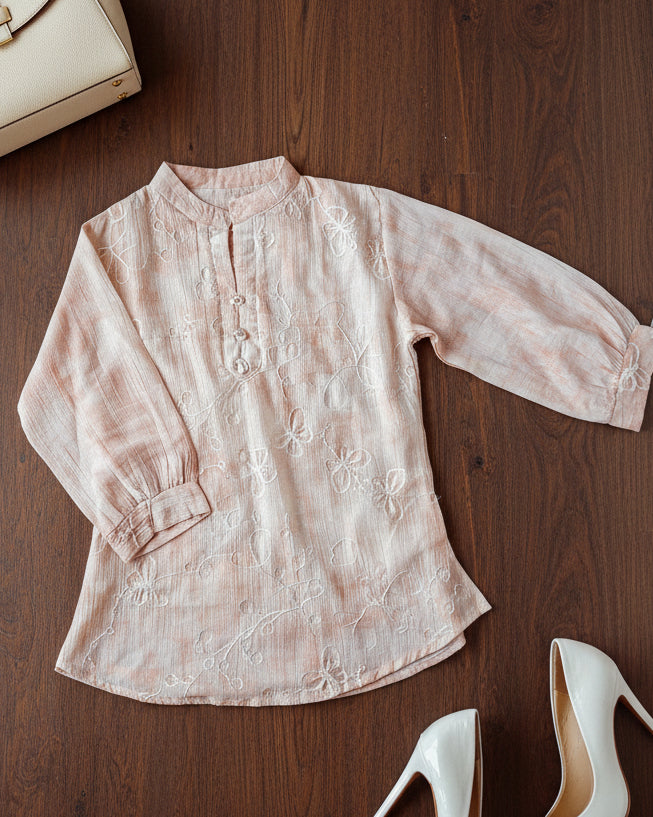 Baby Pink Mandarin Collar White Embroidery Women's Top (Large/XL)