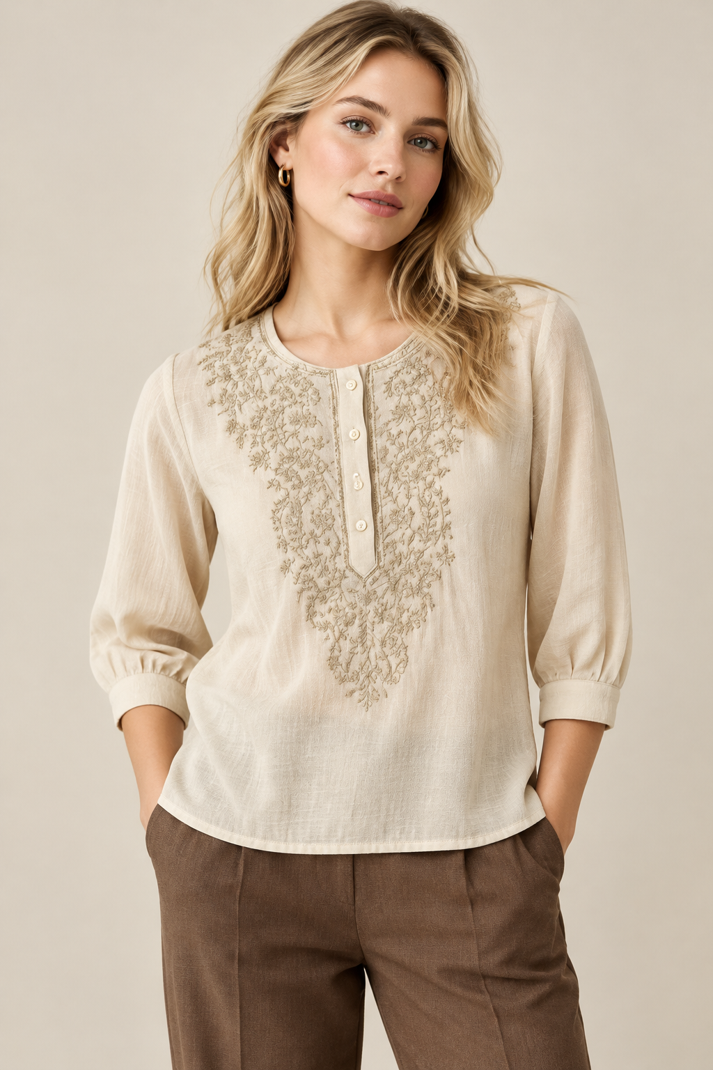 Beige Georgette Round Neck Embroidered Top (Large/XL)