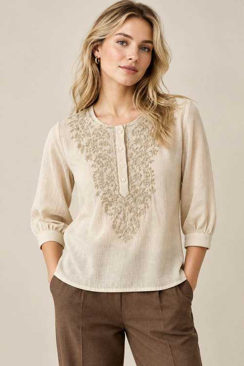 Beige Georgette Round Neck Embroidered Top (Large/XL)