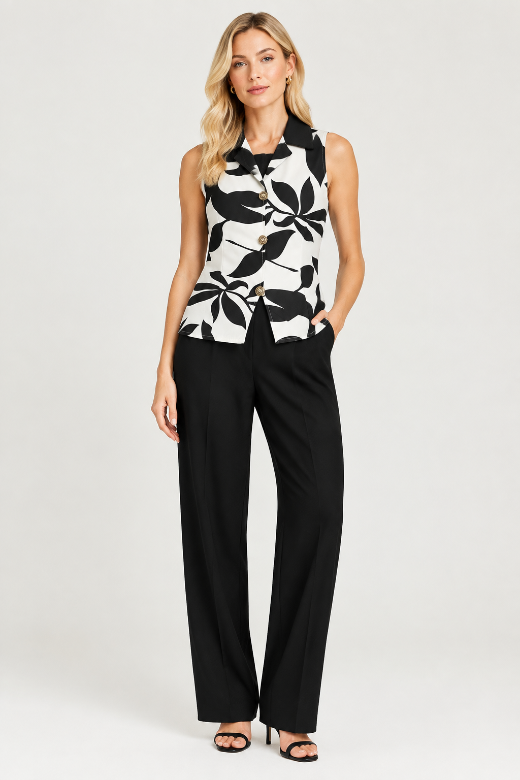 White & Black Floral Print Halter Neck Co Ord Set (L/XL)
