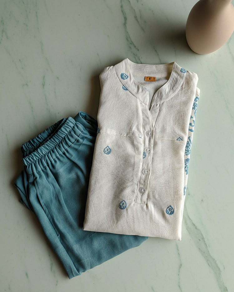 Blue and white embroidered co ord set women