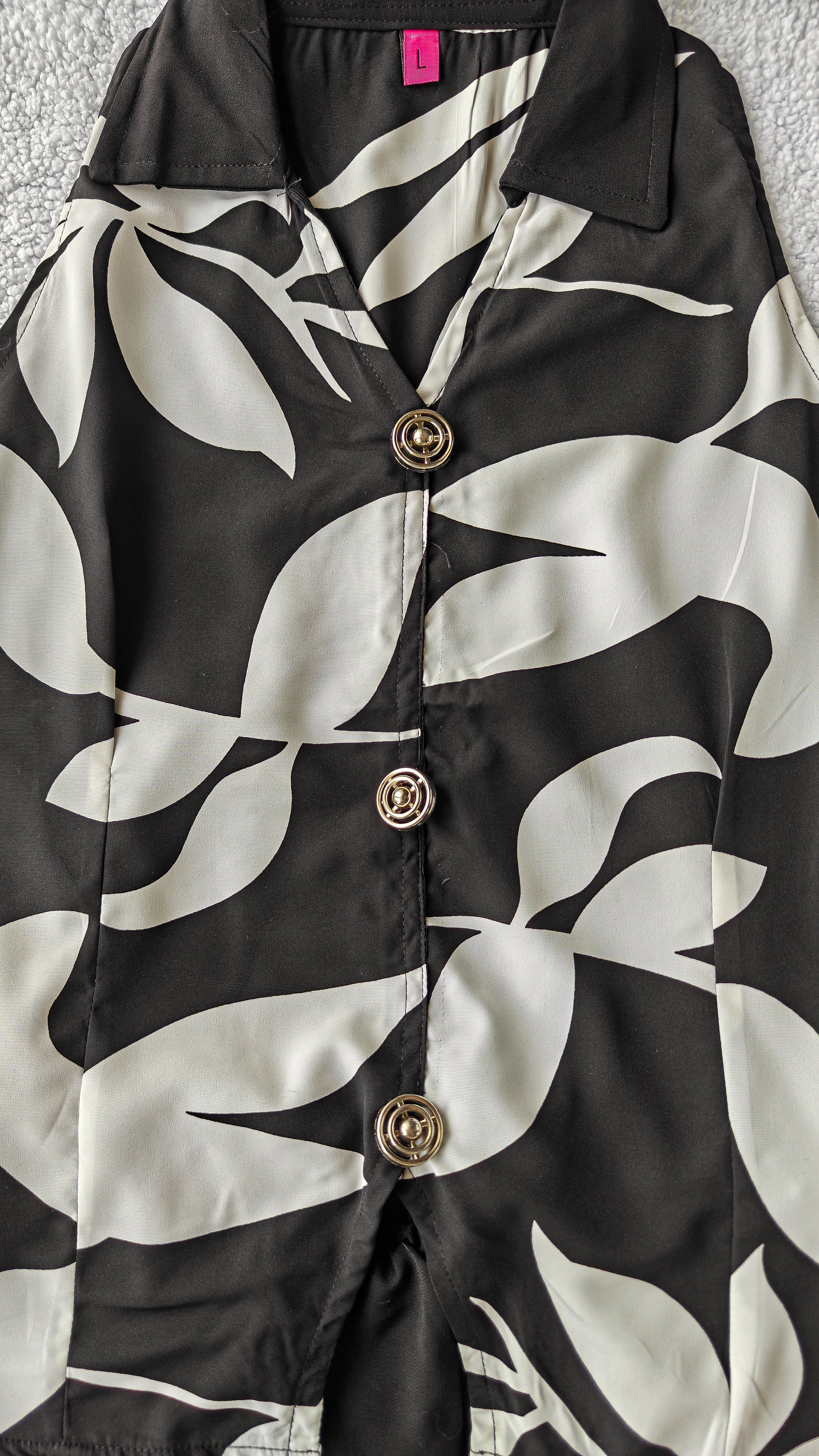 close up of black and white floral print co ord set women 