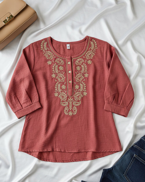 Coral Pink blouse with gold embroidery on a white fabric background