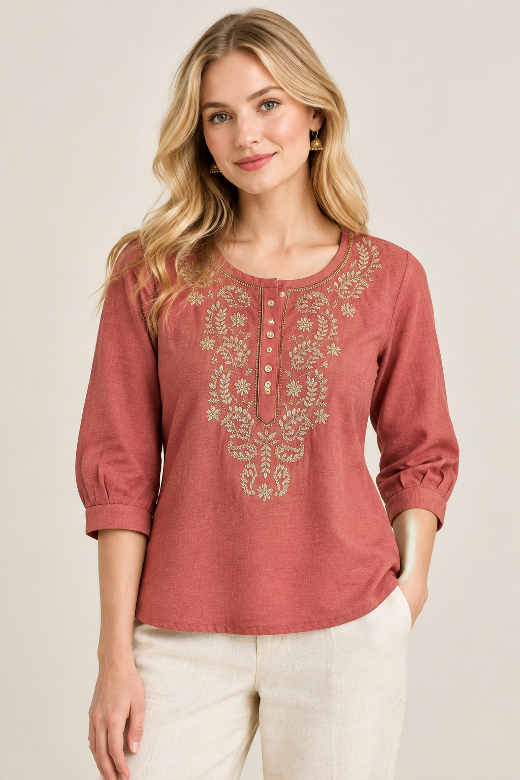 Coral Pink Georgette Round Neck Embroidered Top (Large/XL)