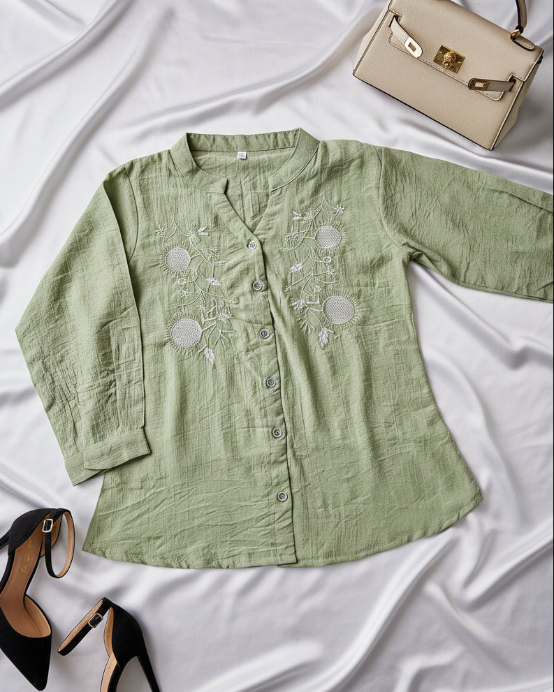Green embroidered mandarin collar women's blouse
