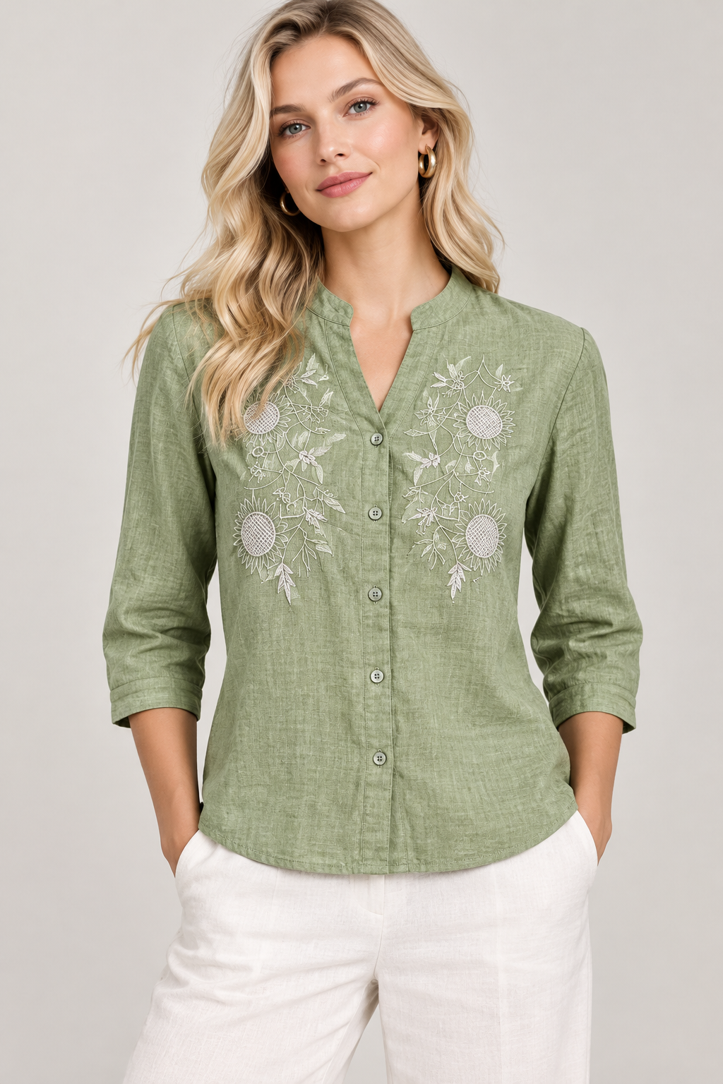 Light Green Mandarin collar Women's Shirt (XXL)
