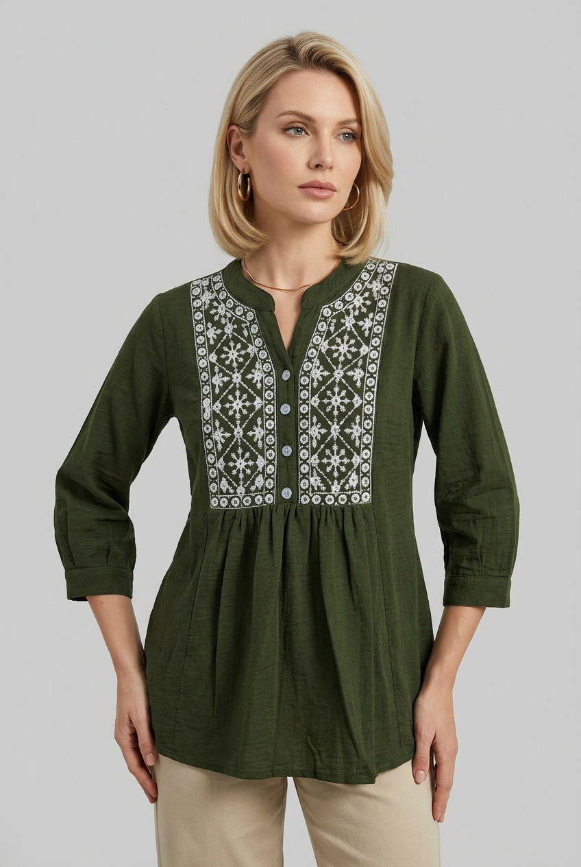 Dark Green Front Pleated Embroidered Top (Large/XL)