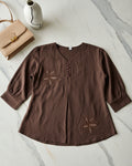 Mocha brown women's top with floral embroidery