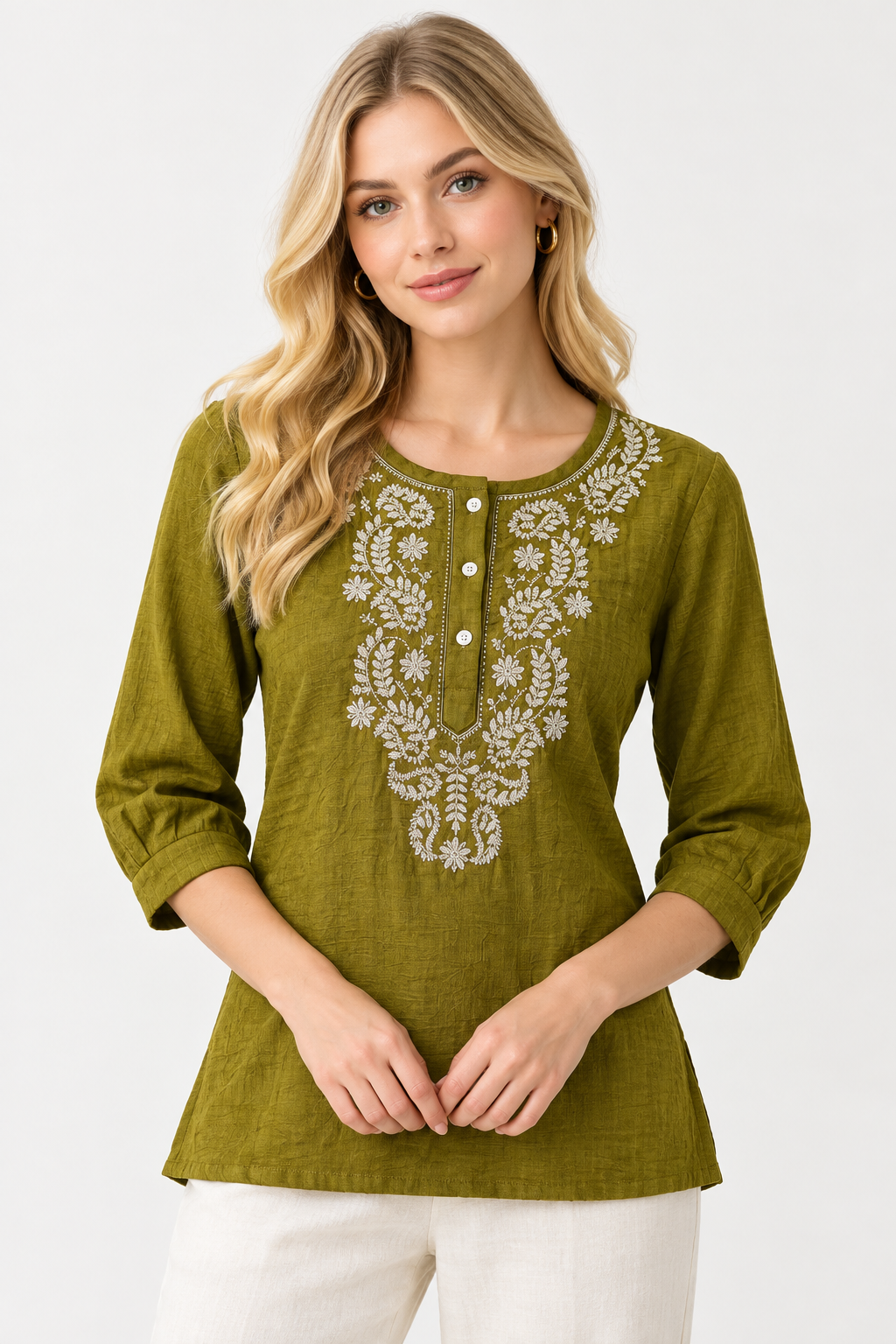 Olive Green Georgette Round Neck Embroidered Top (Large/XL)