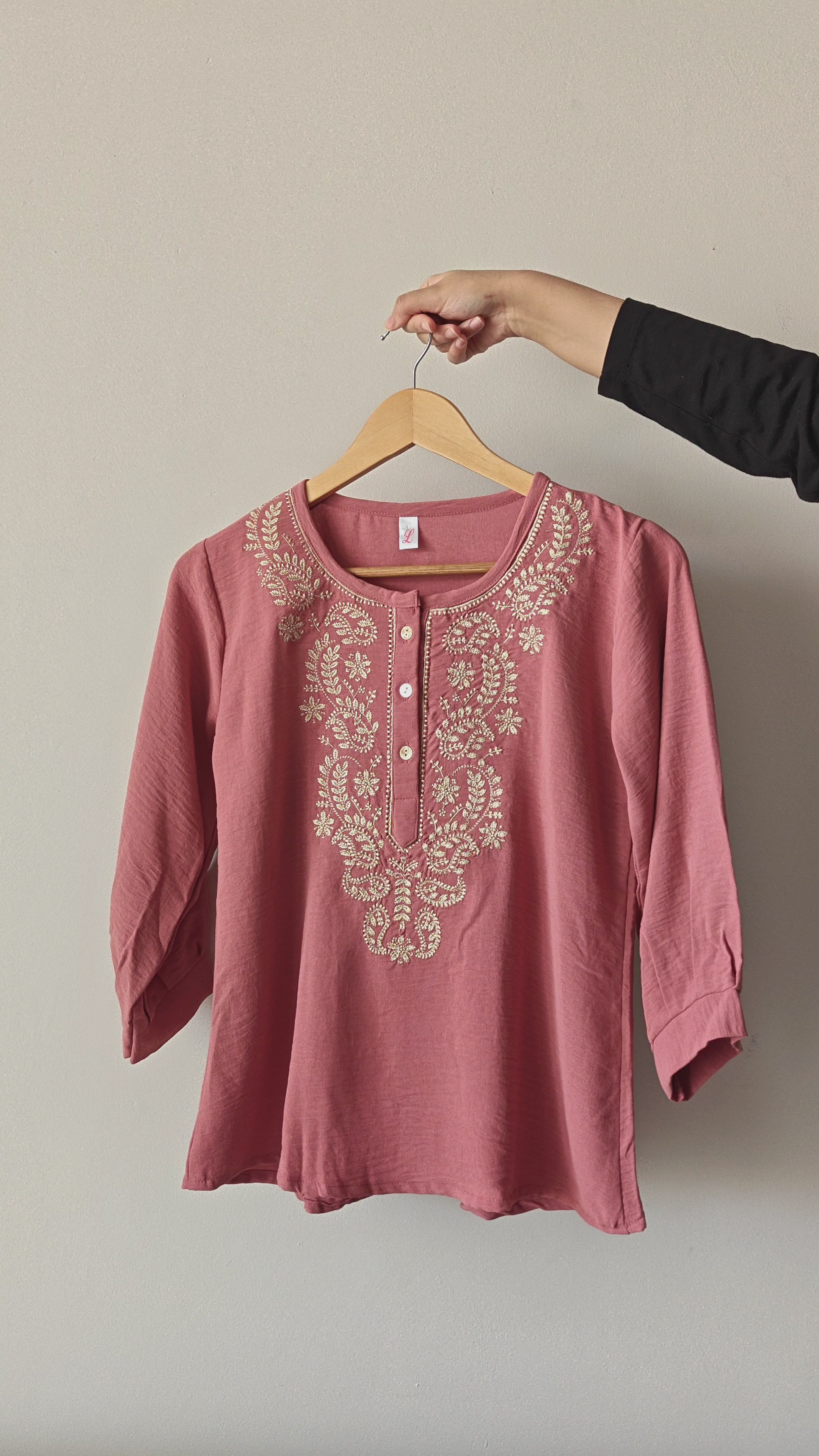 Coral Pink Georgette Round Neck Embroidered Top (Large/XL)