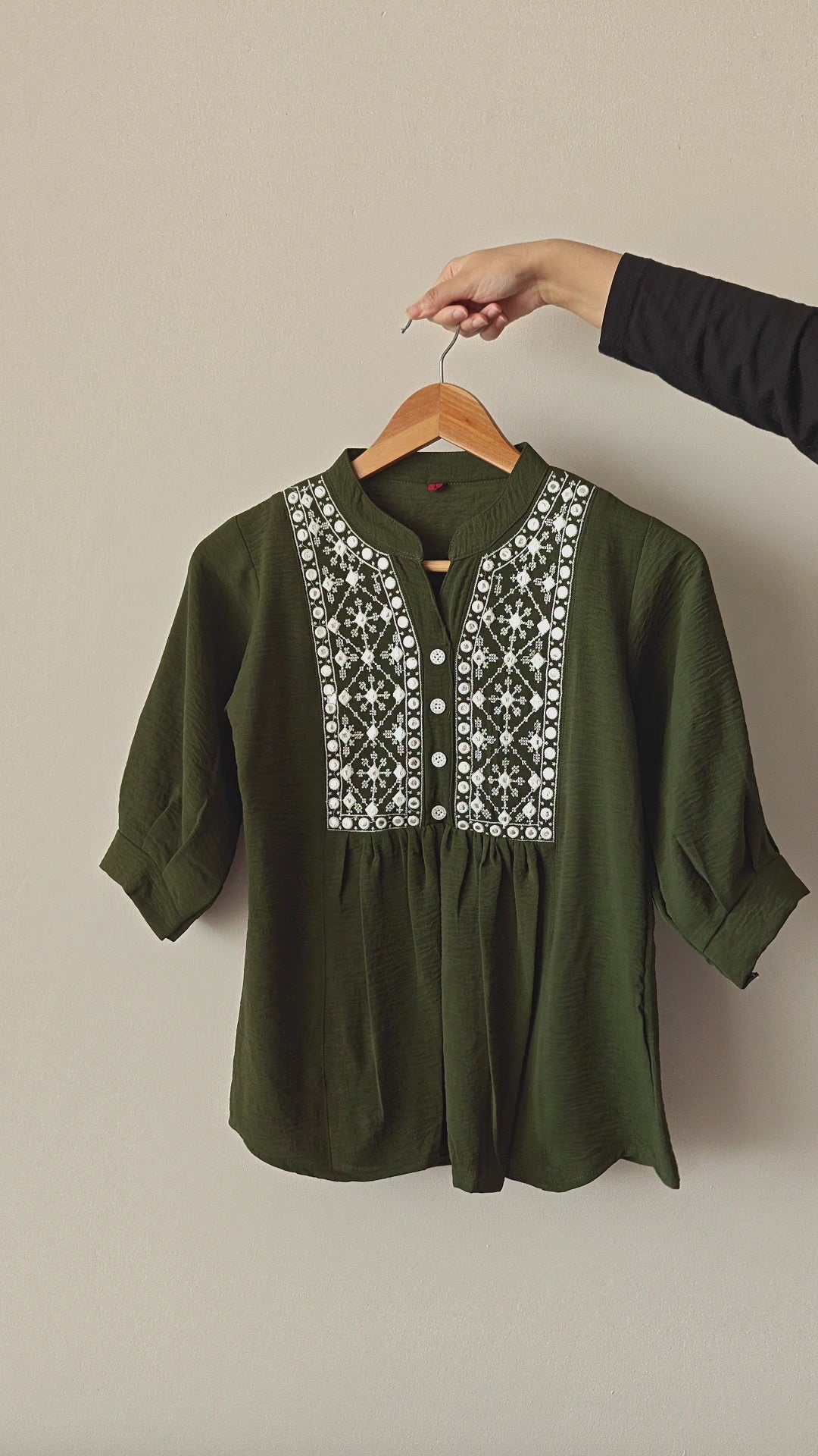 Dark Green Front Pleated Embroidered Top (Large/XL)