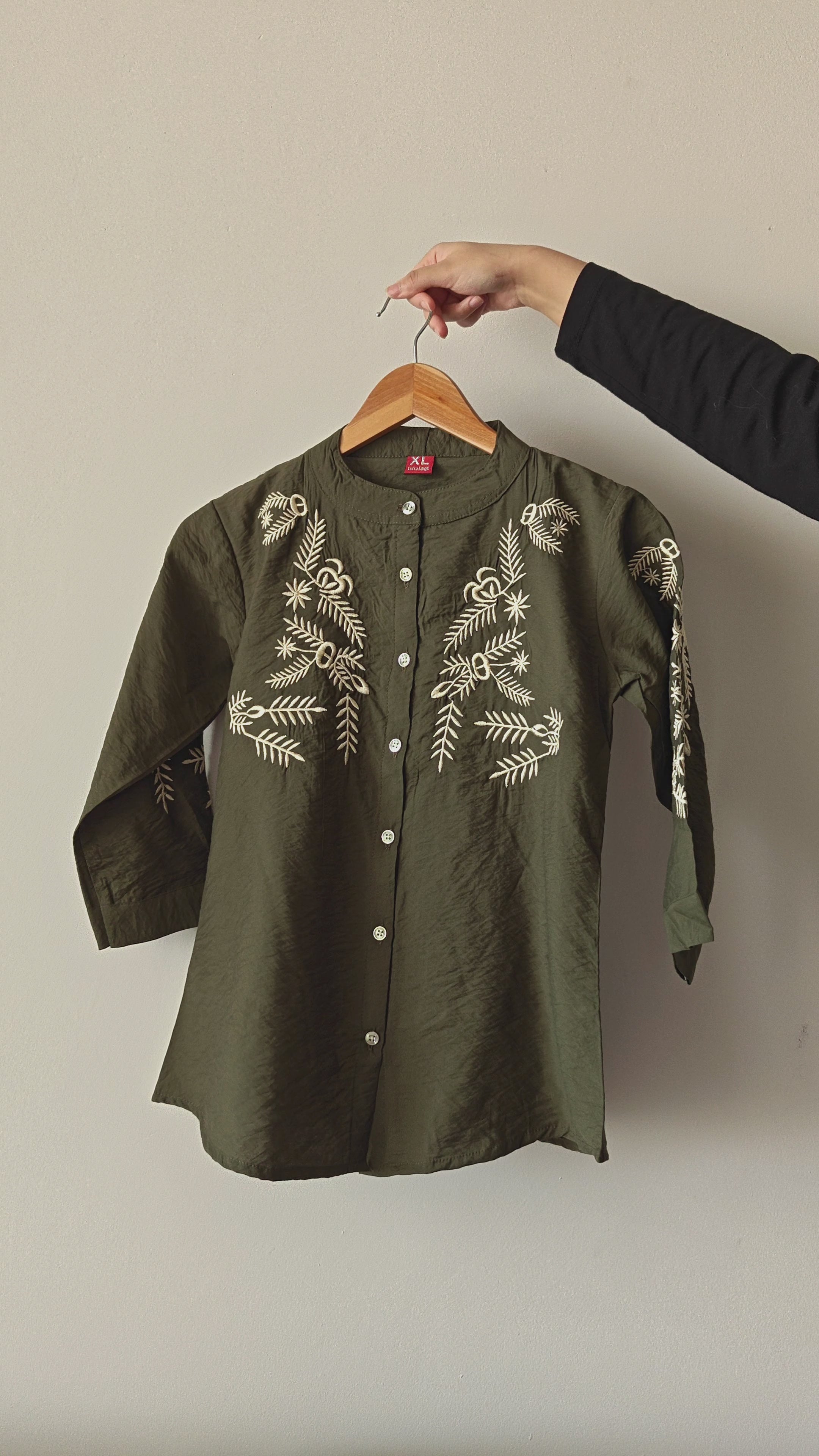 Olive Green Embroidered Mandarin Collar Women's Crushed Shirt (Large/XL)