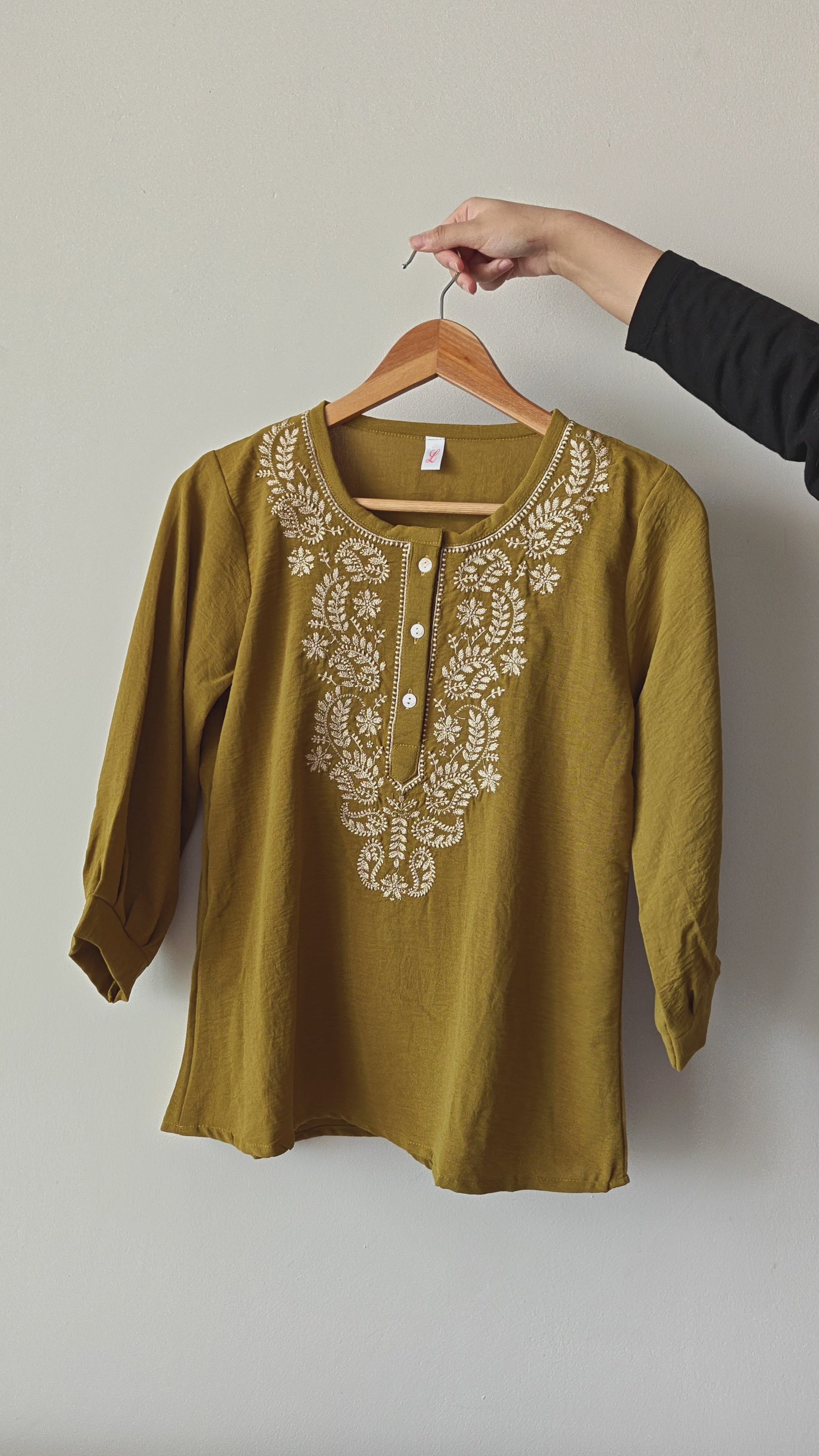 Olive Green Georgette Round Neck Embroidered Top (Large/XL)