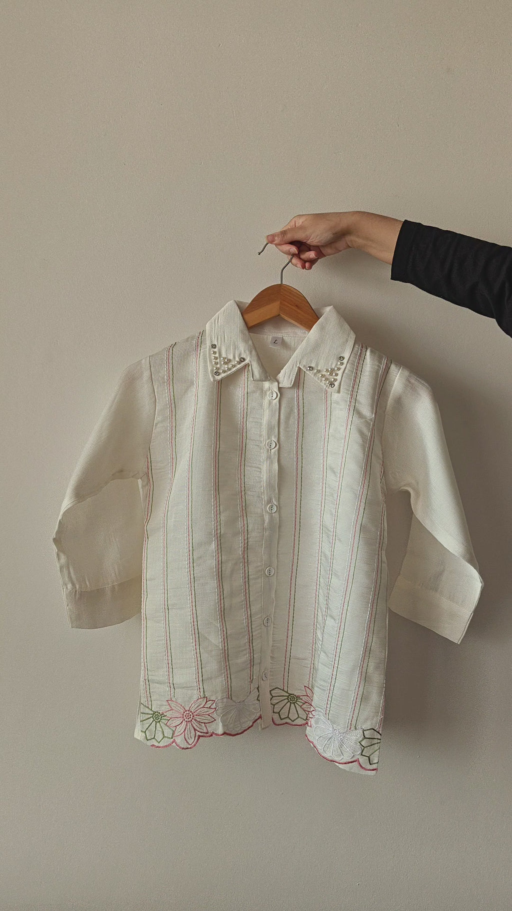 White Striped Green Floral Embroidered Shirt (Large/XL)